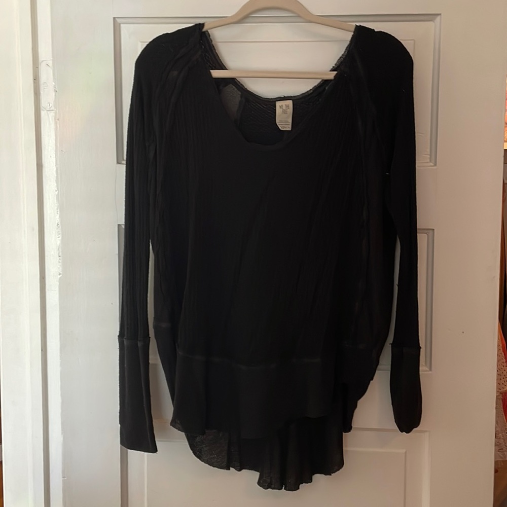Free People Black Long Sleeve thermal/waffle knit Top